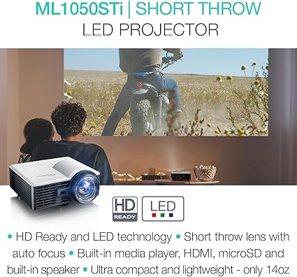 Optoma ML1050STi Portable Short-Throw LED Projector – Enhanced Gaming Mode (16ms), Auto Focus, Built-in Speaker & Media Player