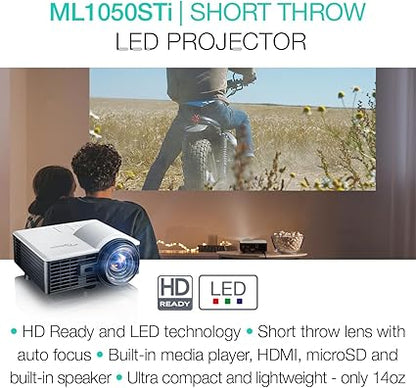 Optoma ML1050STi Portable Short-Throw LED Projector – Enhanced Gaming Mode (16ms), Auto Focus, Built-in Speaker & Media Player